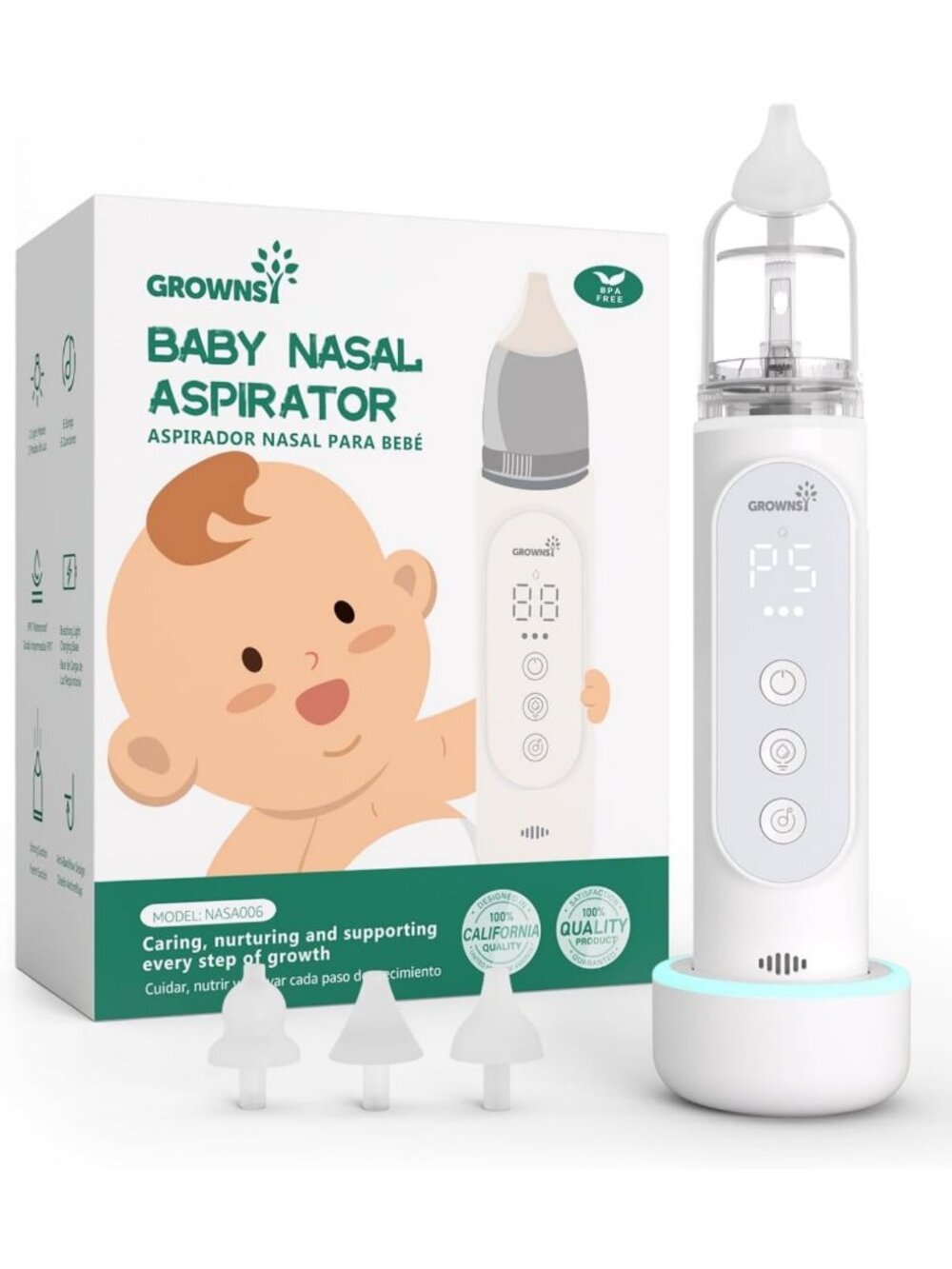 Baby Nasal Aspirator with 5 Suction Levels & Easy Cleaning - White, Safe